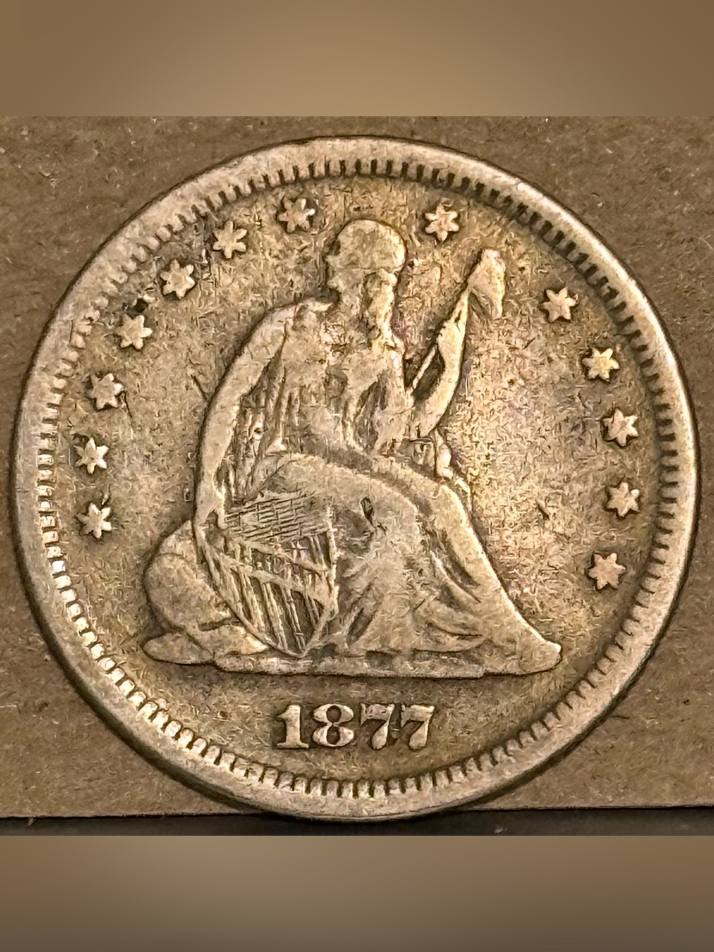 1877 S Seated Liberty Quarter, 90% Pure Silver • Ungraded VF (Very Fine)